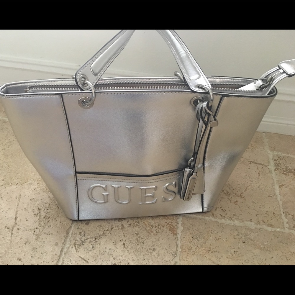 Silver guess tote purse new